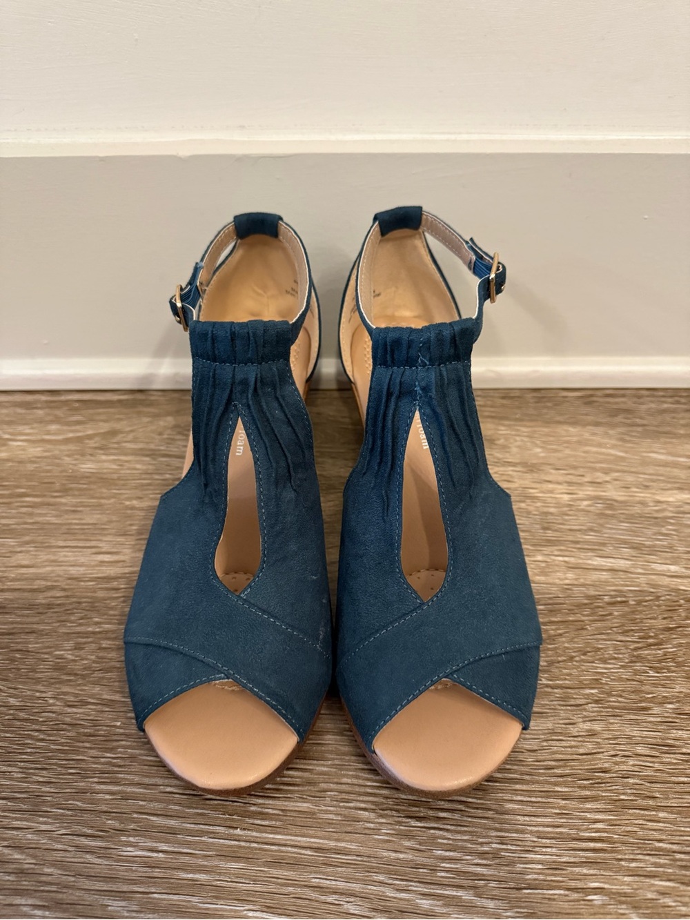 Women's Navy T-Strap Wedge Sandals